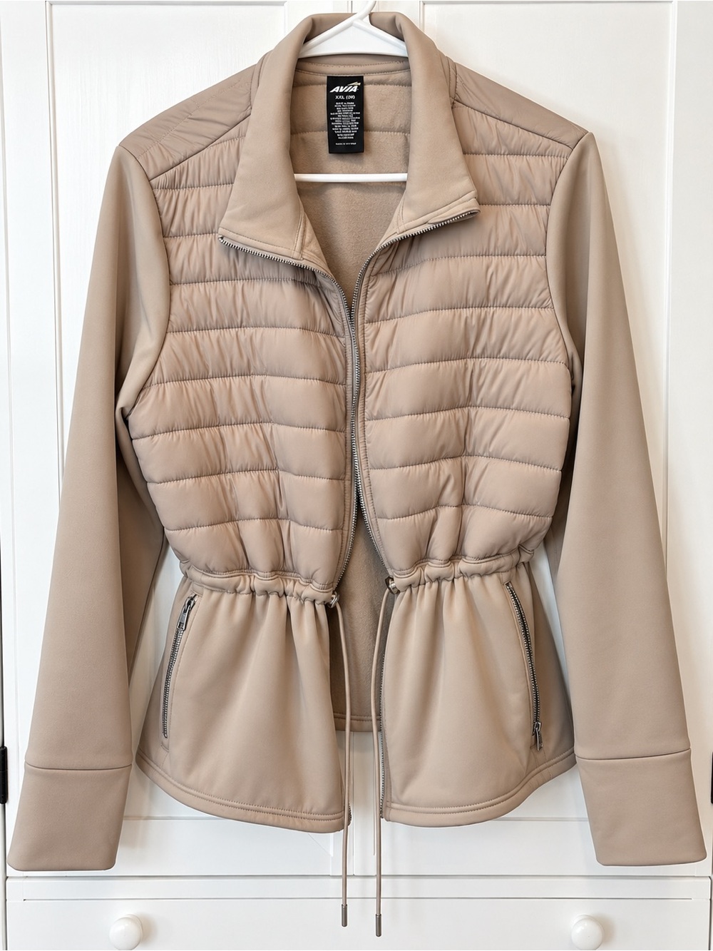 Avia Taupe Quilted Drawstring Waist Puffer Jacket